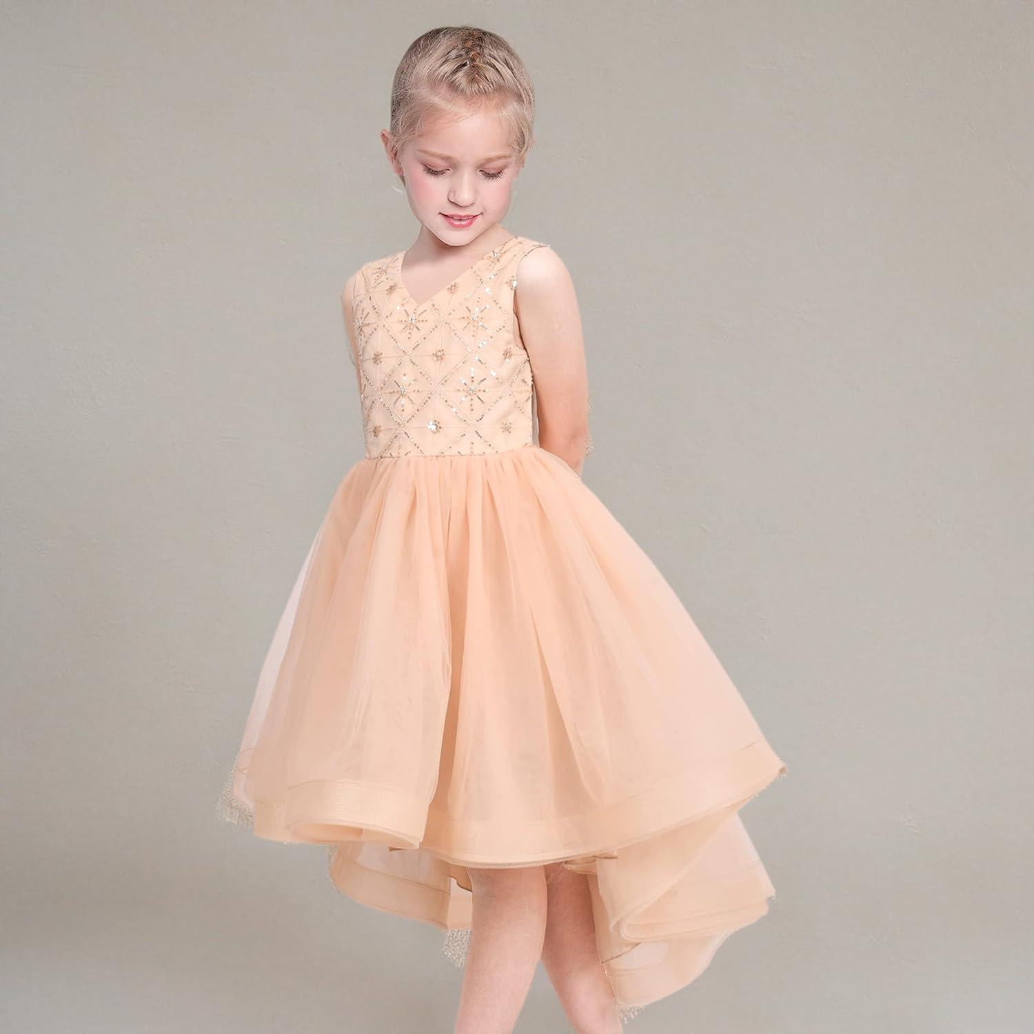 imageSunny Fashion Flower Girl Dress Champagne Sequin HiLow Wedding BridesmaidPinkish Beige