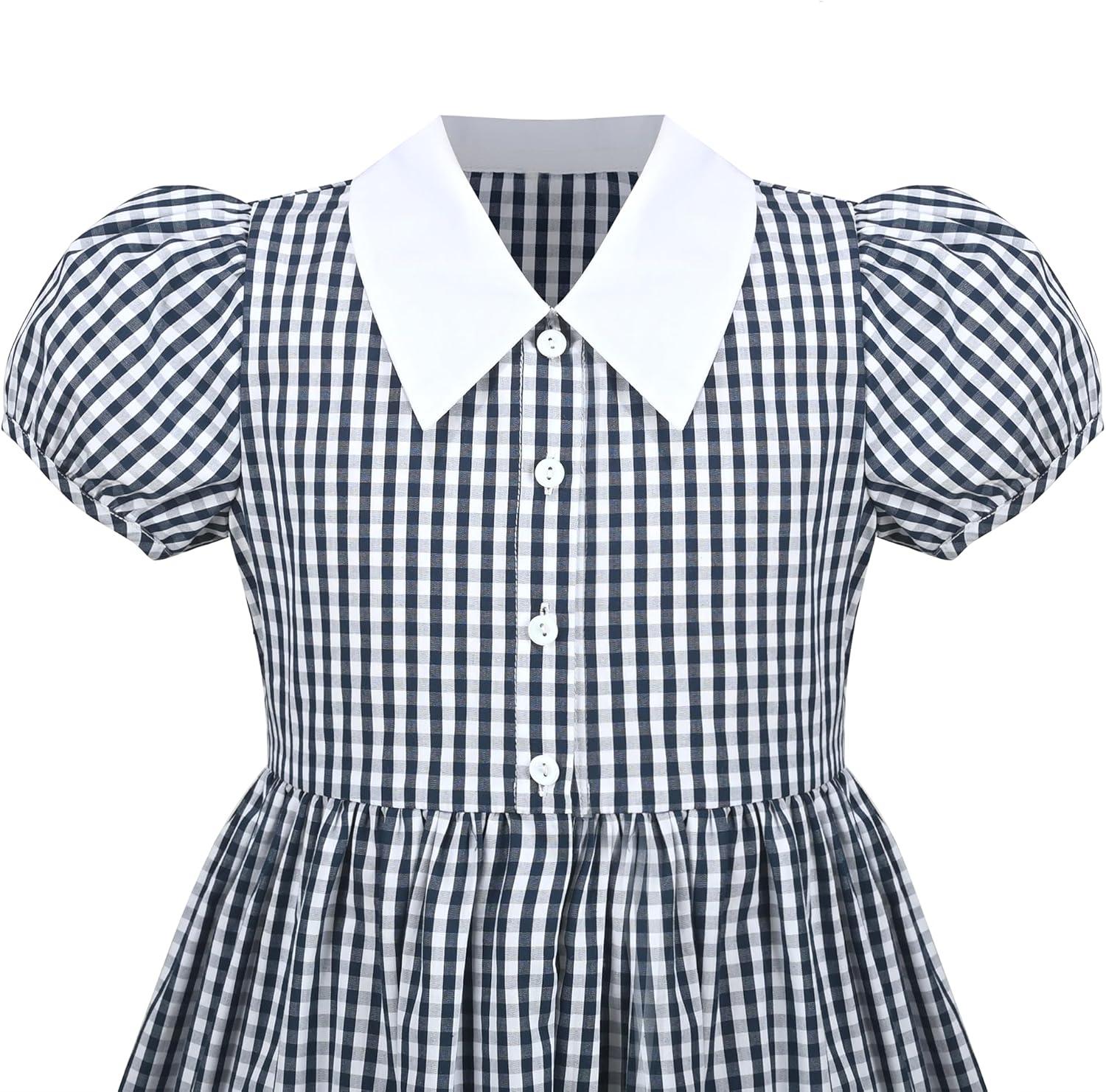 imageSunny Fashion Girls Dress Beige Short Sleeve Collar Button Front School UniformDark Blue