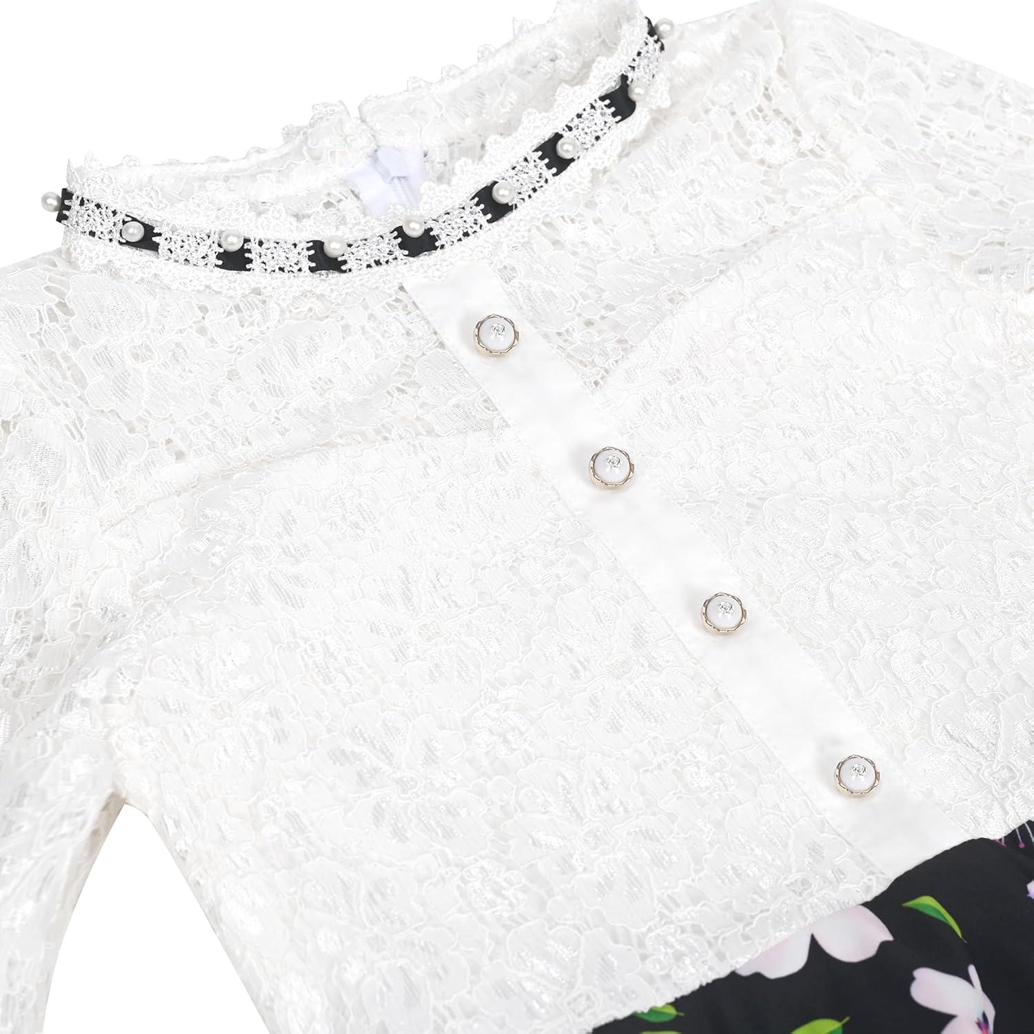 imageSunny Fashion Girls Dress Green Floral Lace St Patrick Clover Party Long SleeveBlack Flower