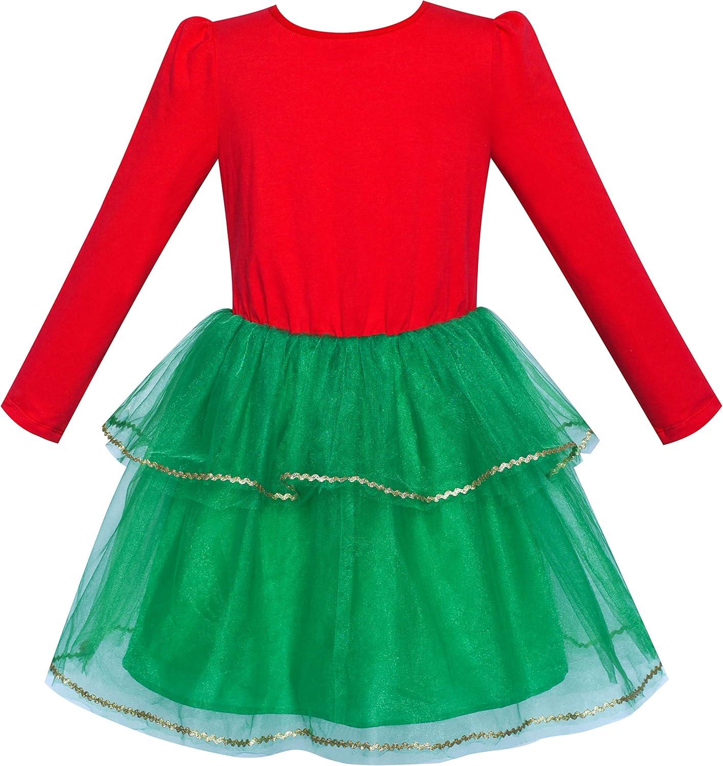 imageSunny Fashion Girls Dress Long Sleeve Christmas Owl Sparkling Sequin TulleRed Green Santa
