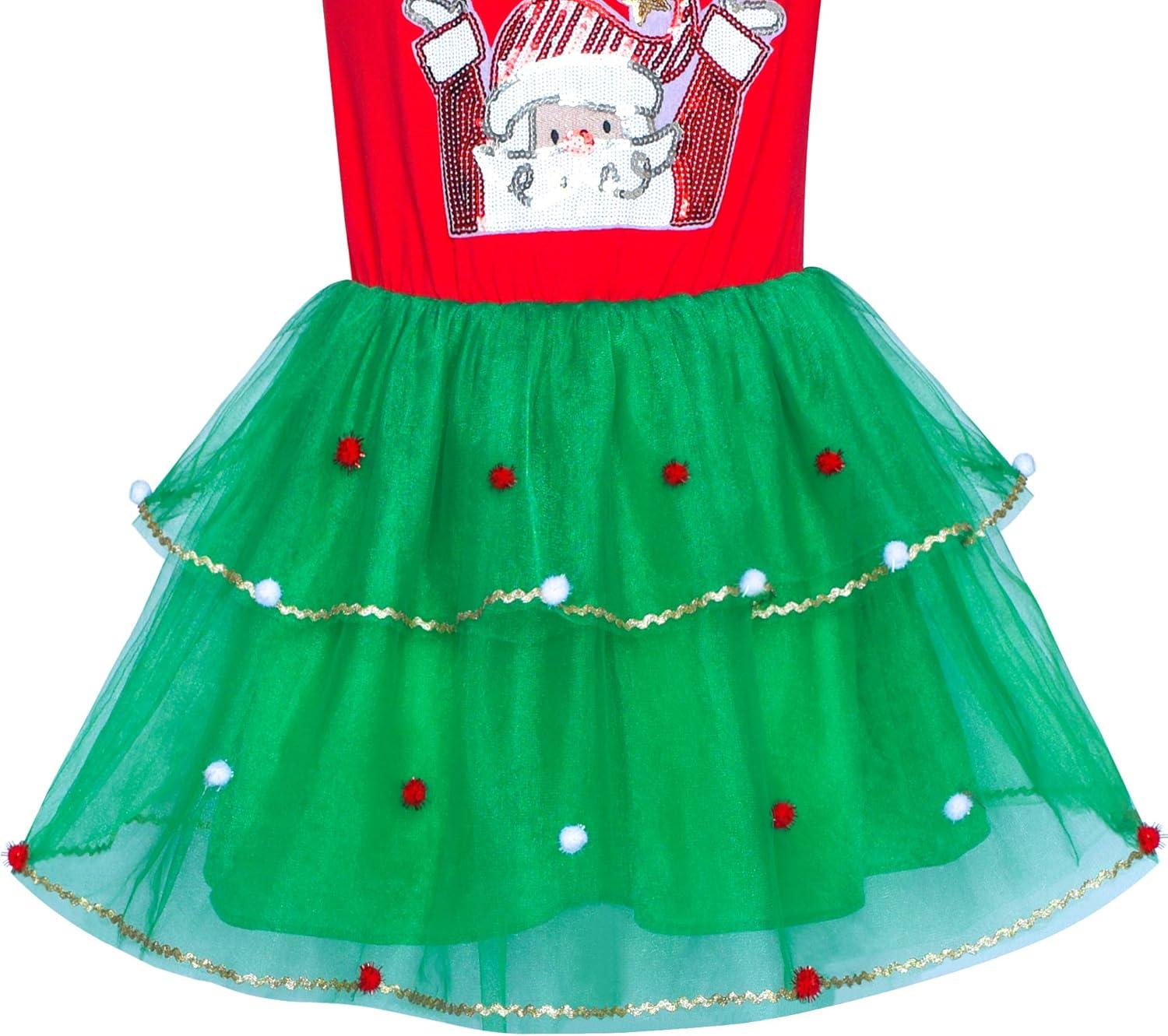 imageSunny Fashion Girls Dress Long Sleeve Christmas Owl Sparkling Sequin TulleRed Green Santa