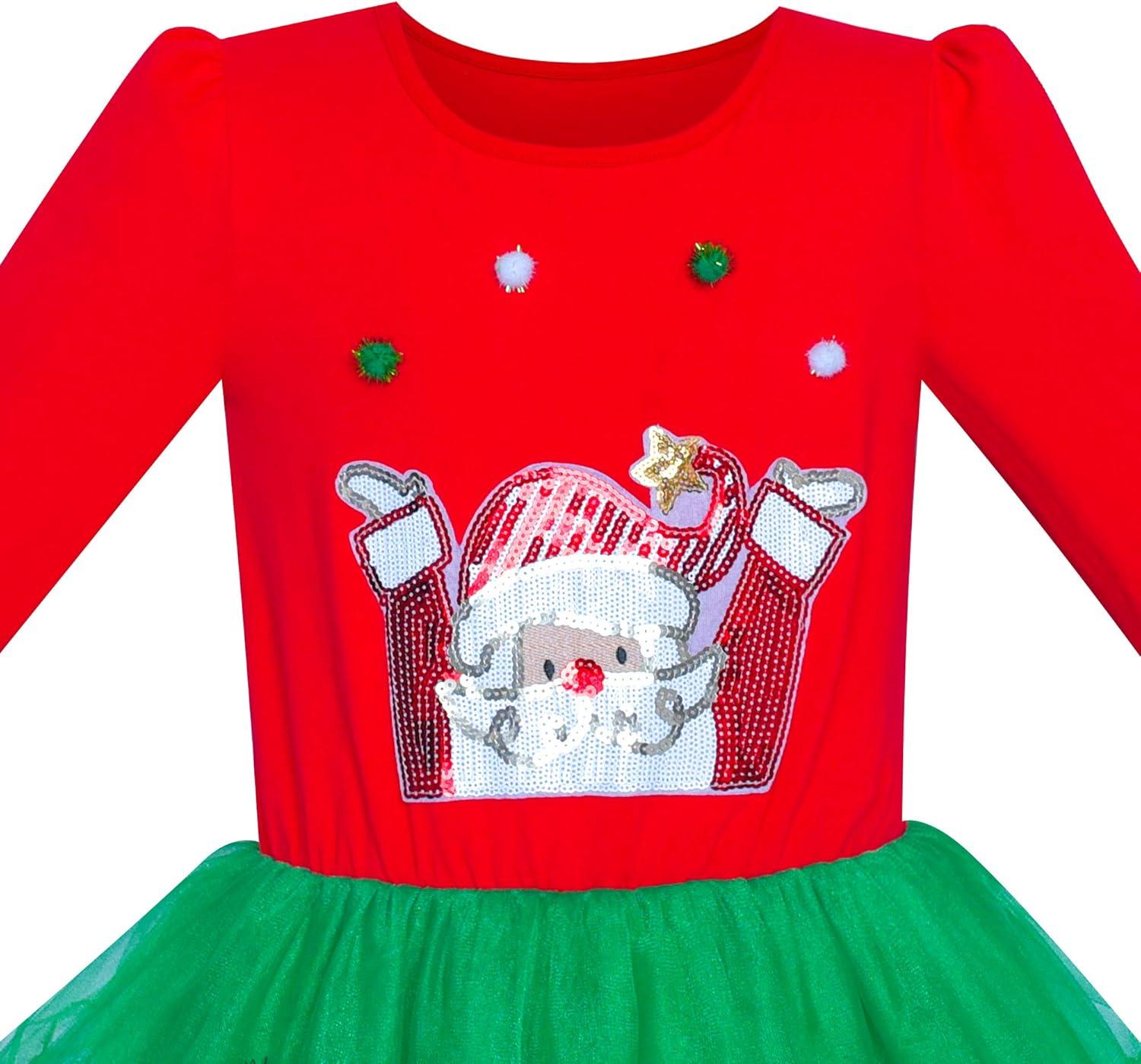 imageSunny Fashion Girls Dress Long Sleeve Christmas Owl Sparkling Sequin TulleRed Green Santa