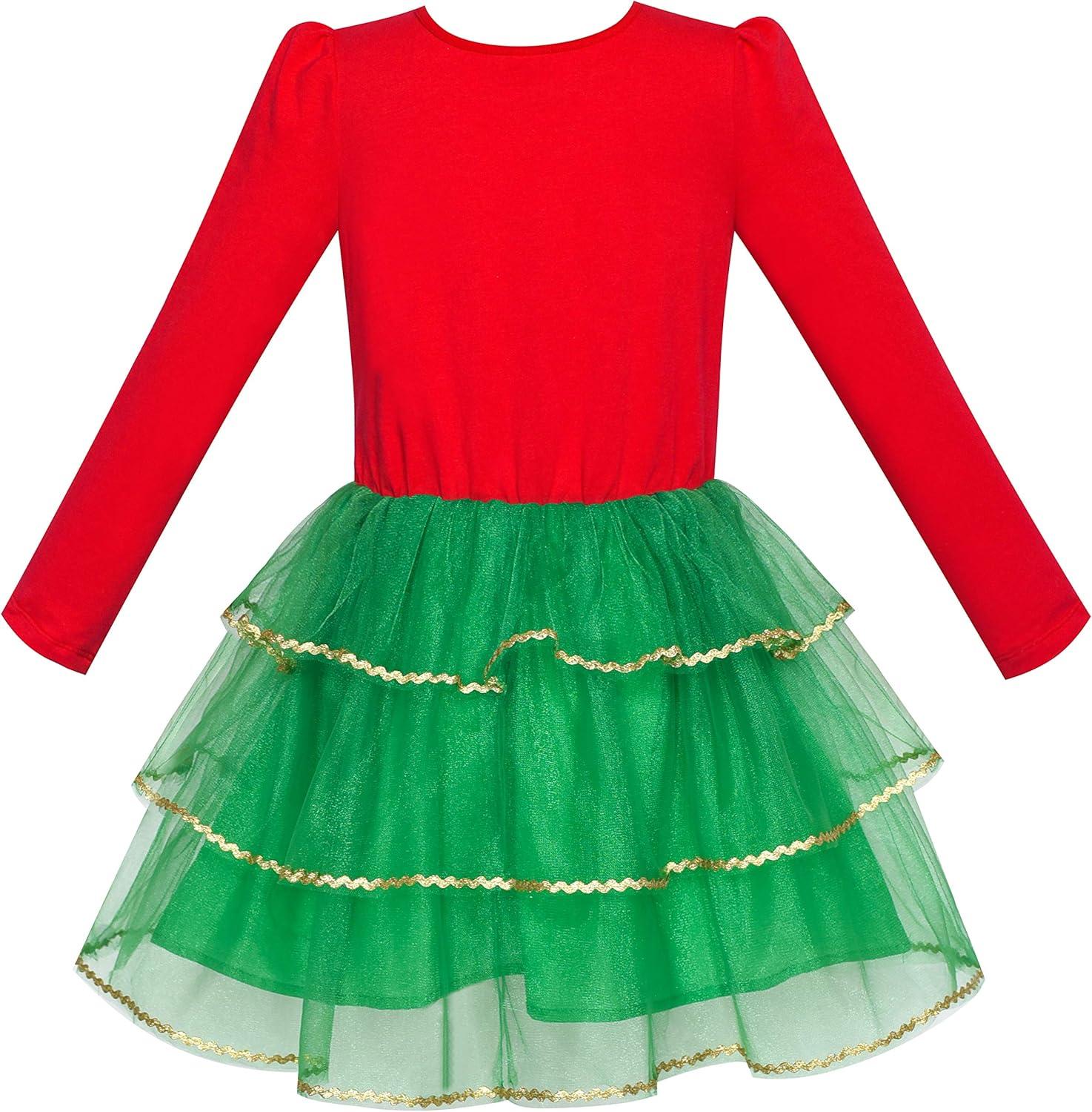 imageSunny Fashion Girls Dress Long Sleeve Christmas Owl Sparkling Sequin TulleRed Green Tree