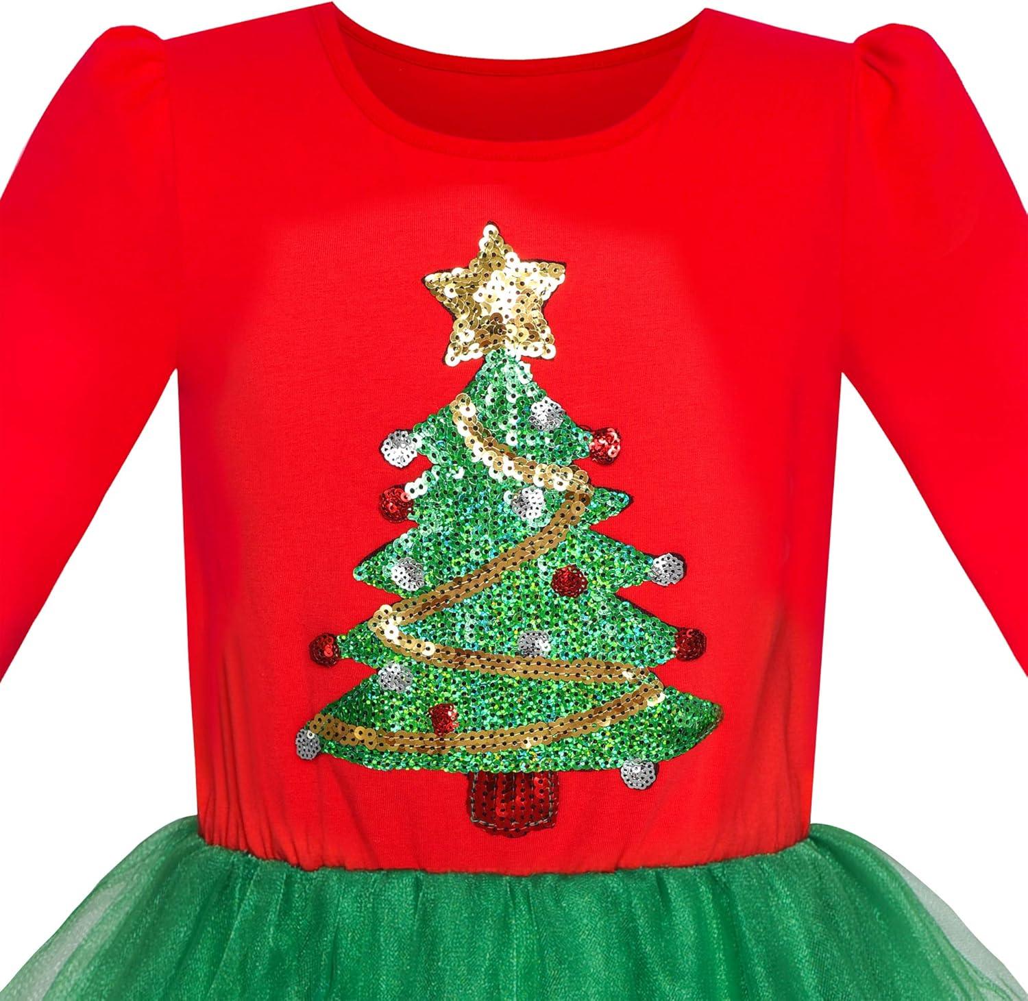 imageSunny Fashion Girls Dress Long Sleeve Christmas Owl Sparkling Sequin TulleRed Green Tree