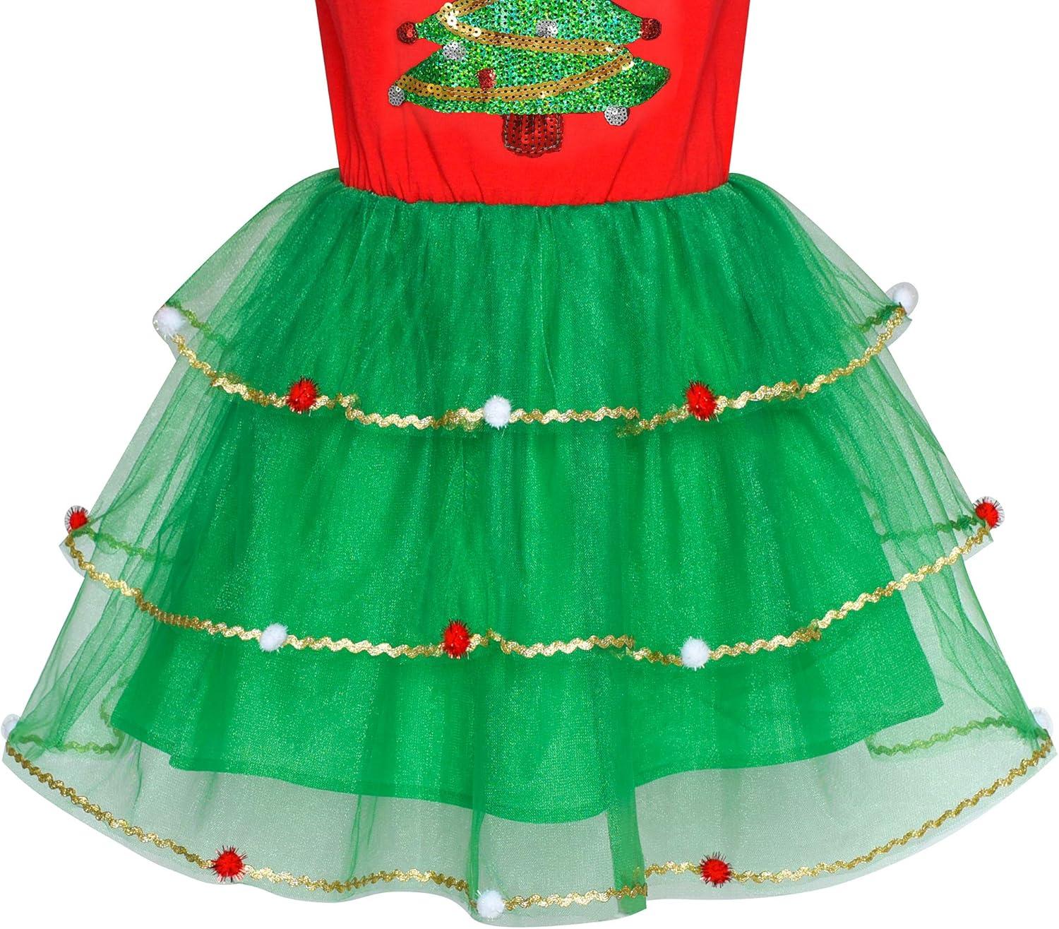 imageSunny Fashion Girls Dress Long Sleeve Christmas Owl Sparkling Sequin TulleRed Green Tree