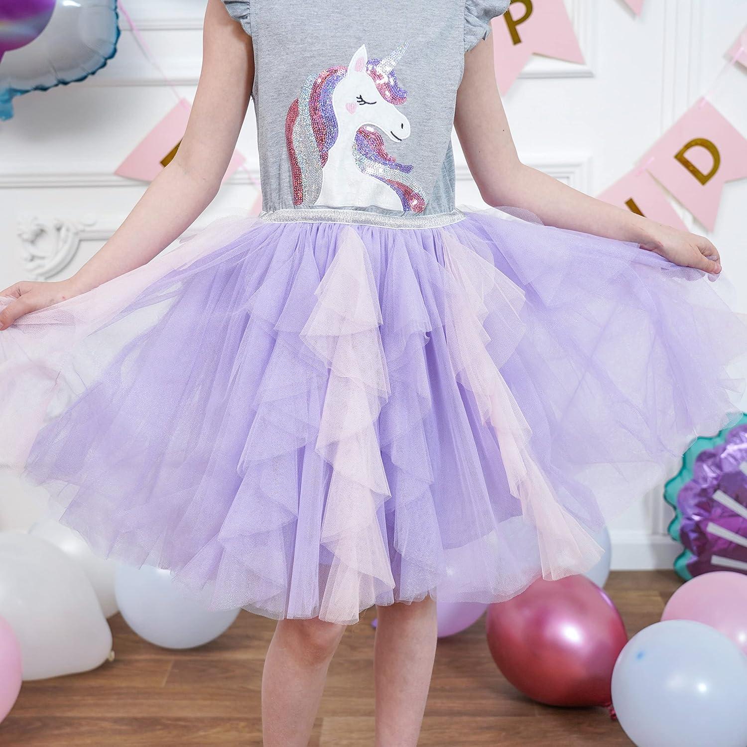 imageSunny Fashion Girls Dress Purple Short Sleeve Rainbow Tulle Skirt Birthday PartyGrey Unicorn