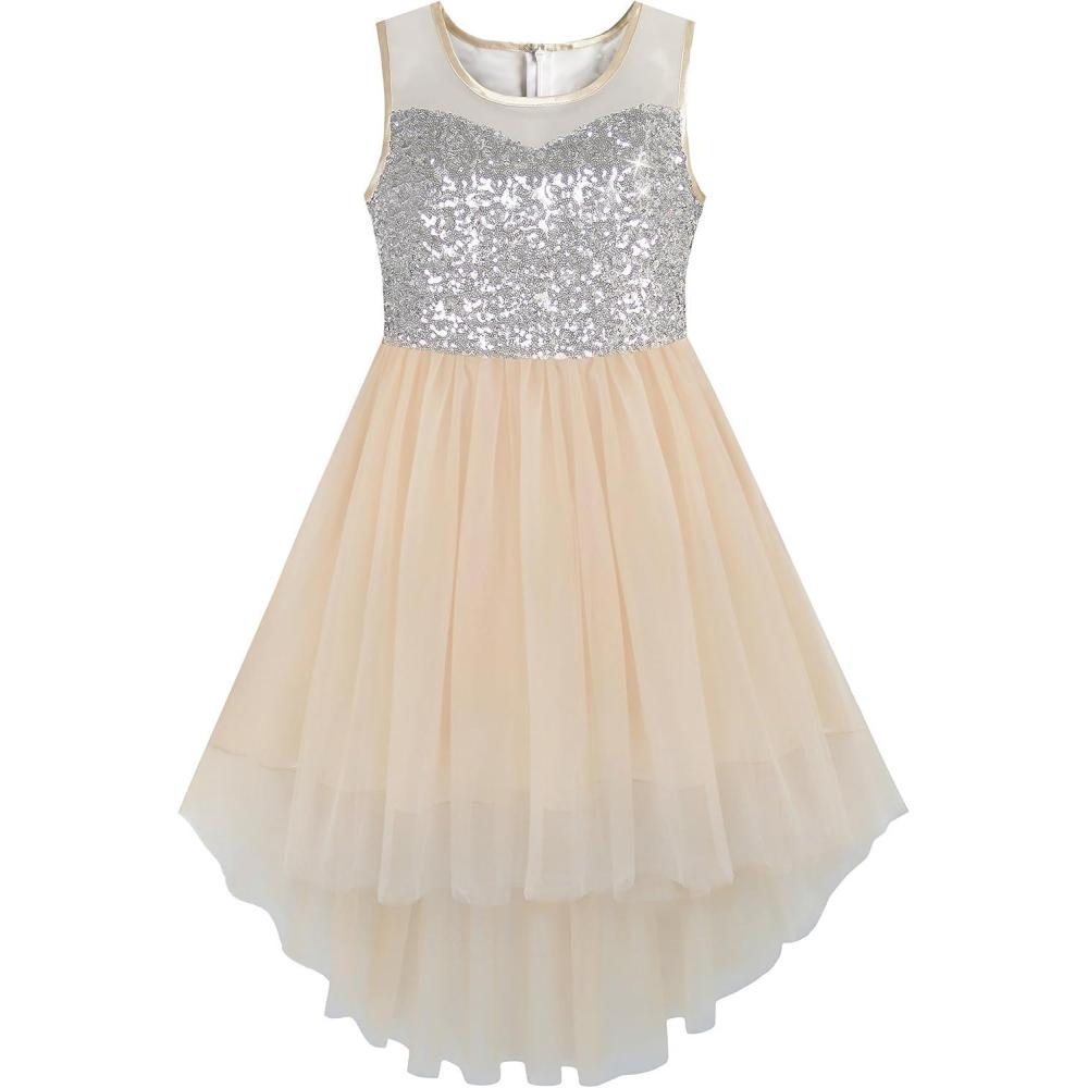 imageSunny Fashion Flower Girl Dress Champagne Sequin HiLow Wedding BridesmaidBeige Sequin