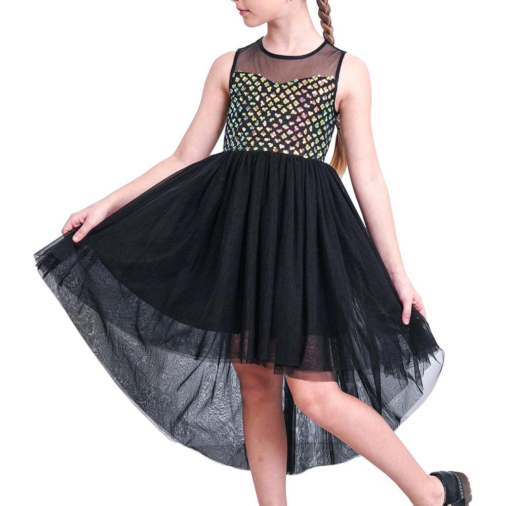 imageSunny Fashion Flower Girl Dress Champagne Sequin HiLow Wedding BridesmaidBlack