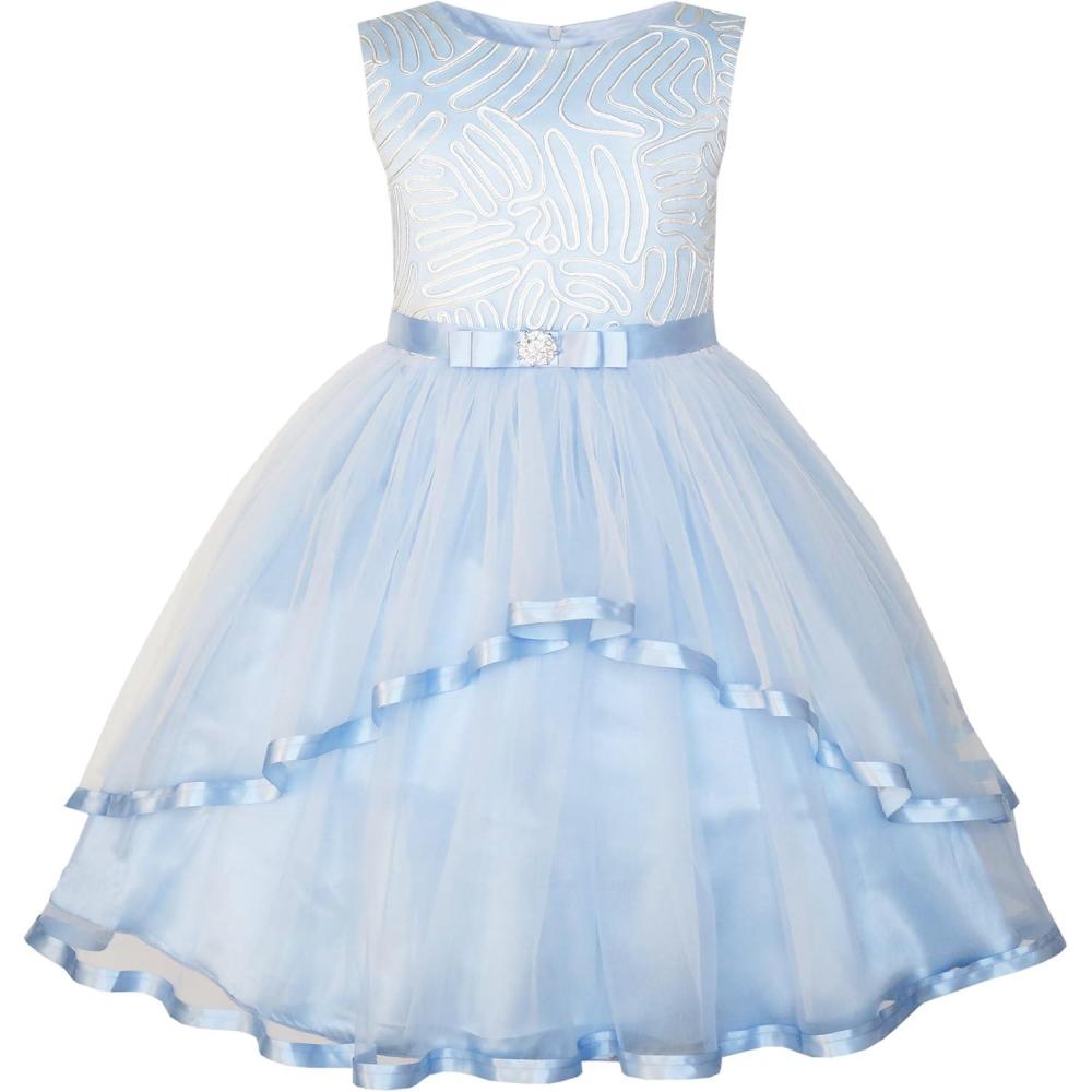 imageSunny Fashion Flower Girls Dress Blue Belted Wedding Party Bridesmaid Size 412Blue