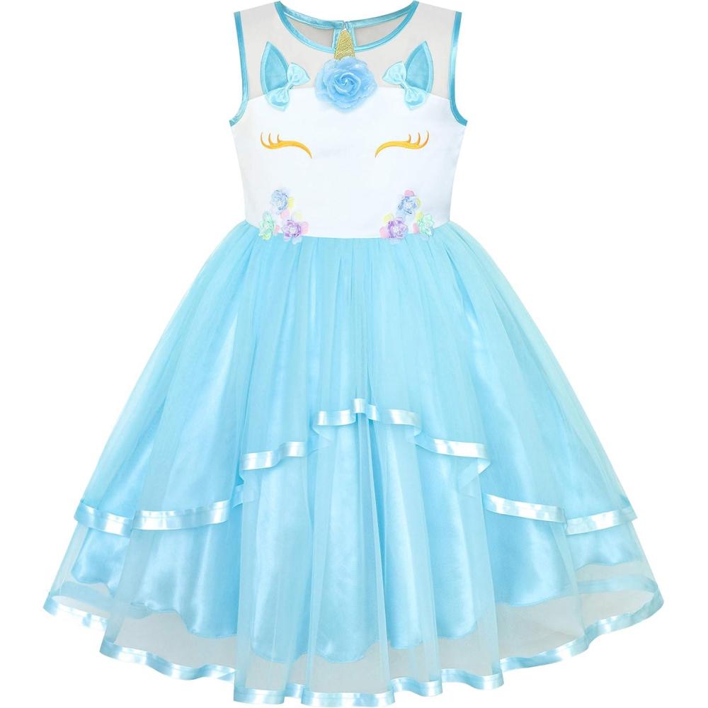 imageSunny Fashion Flower Girls Dress Blue Belted Wedding Party Bridesmaid Size 412Blue Unicorn