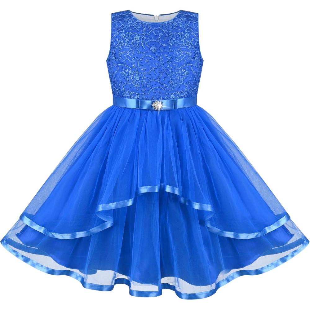 imageSunny Fashion Flower Girls Dress Blue Belted Wedding Party Bridesmaid Size 412Cobalt Blue