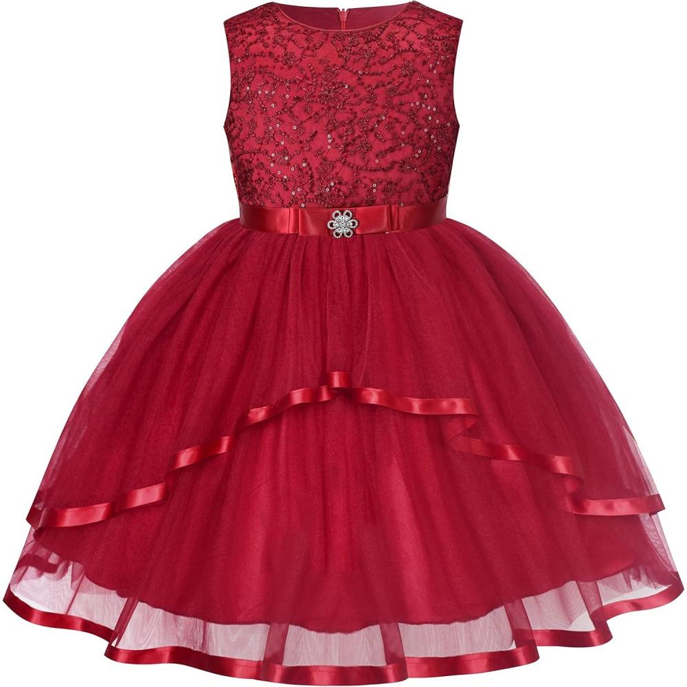 imageSunny Fashion Flower Girls Dress Blue Belted Wedding Party Bridesmaid Size 412Dark Red