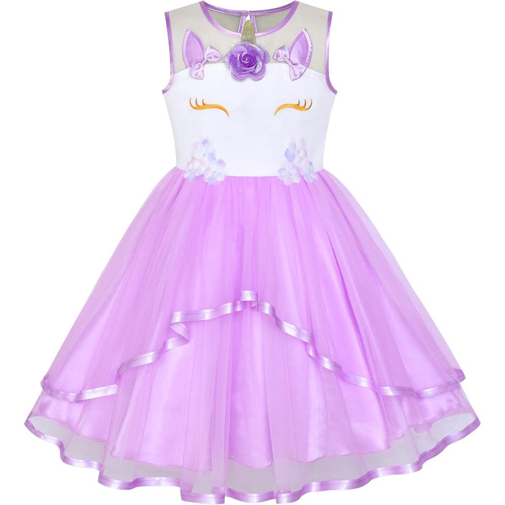imageSunny Fashion Flower Girls Dress Blue Belted Wedding Party Bridesmaid Size 412Purple Unicorn