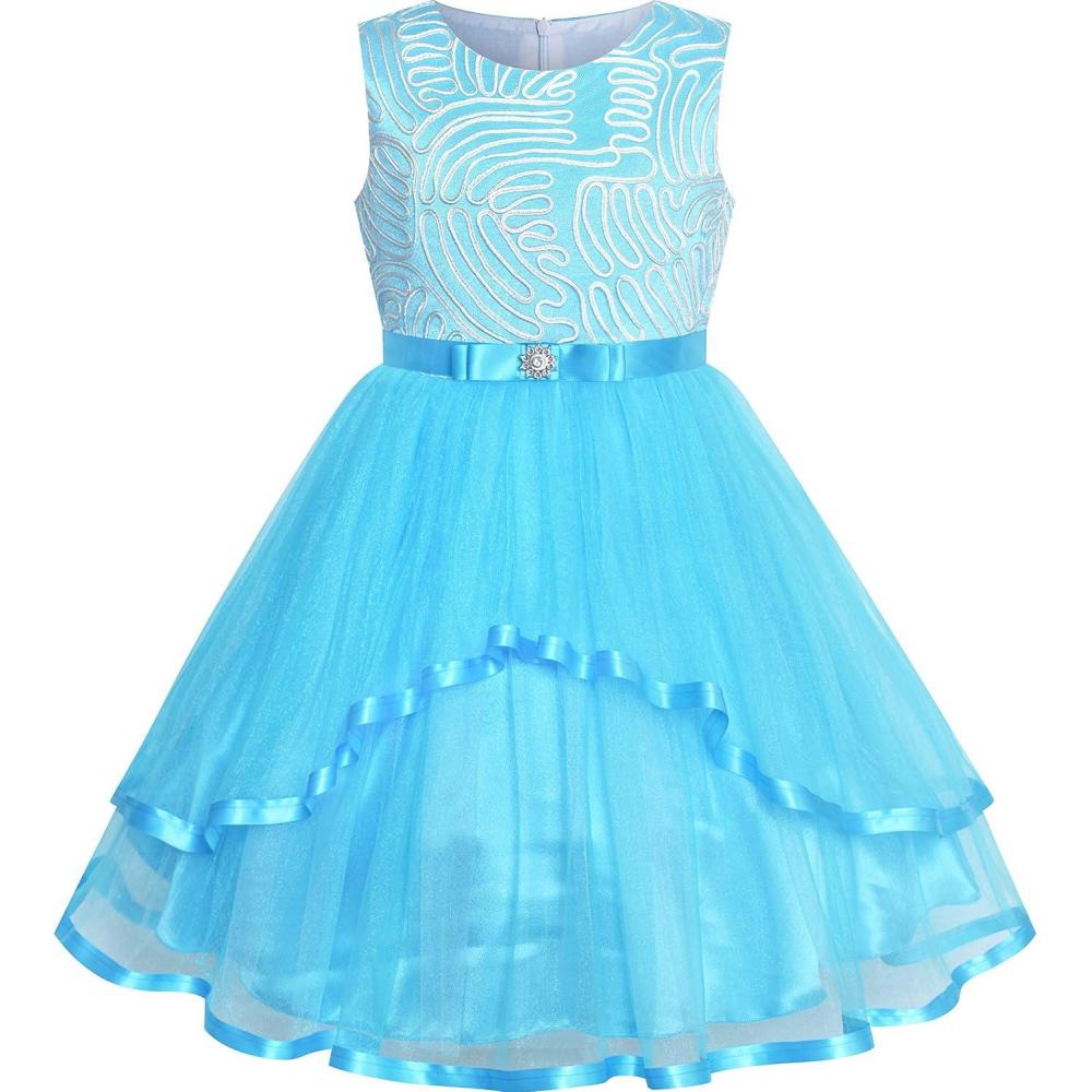 imageSunny Fashion Flower Girls Dress Blue Belted Wedding Party Bridesmaid Size 412Sky Blue