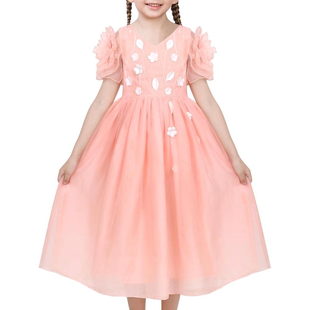 imageSunny Fashion Flower Girls Dress Lace Hem Wedding First Communion Size 614Pink Flower Sleeve