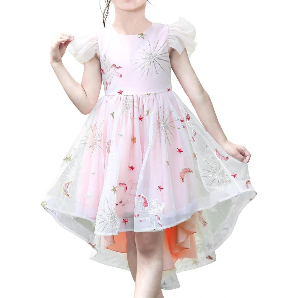 imageSunny Fashion Girl Dress Pink Tulle Sequin Unicorn Star Moon Party RufflePink