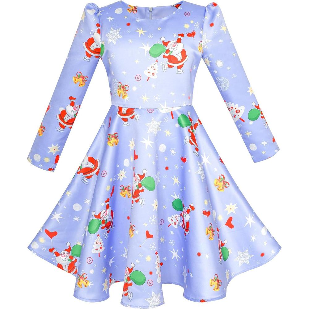imageSunny Fashion Girls Dress 34 Sleeve Christmas Santa Jingle Bell Snow Size 412Blue Christmas