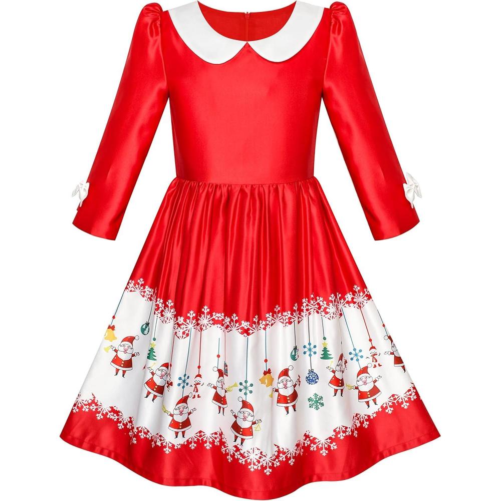 imageSunny Fashion Girls Dress 34 Sleeve Christmas Santa Jingle Bell Snow Size 412Red Shiny Satin