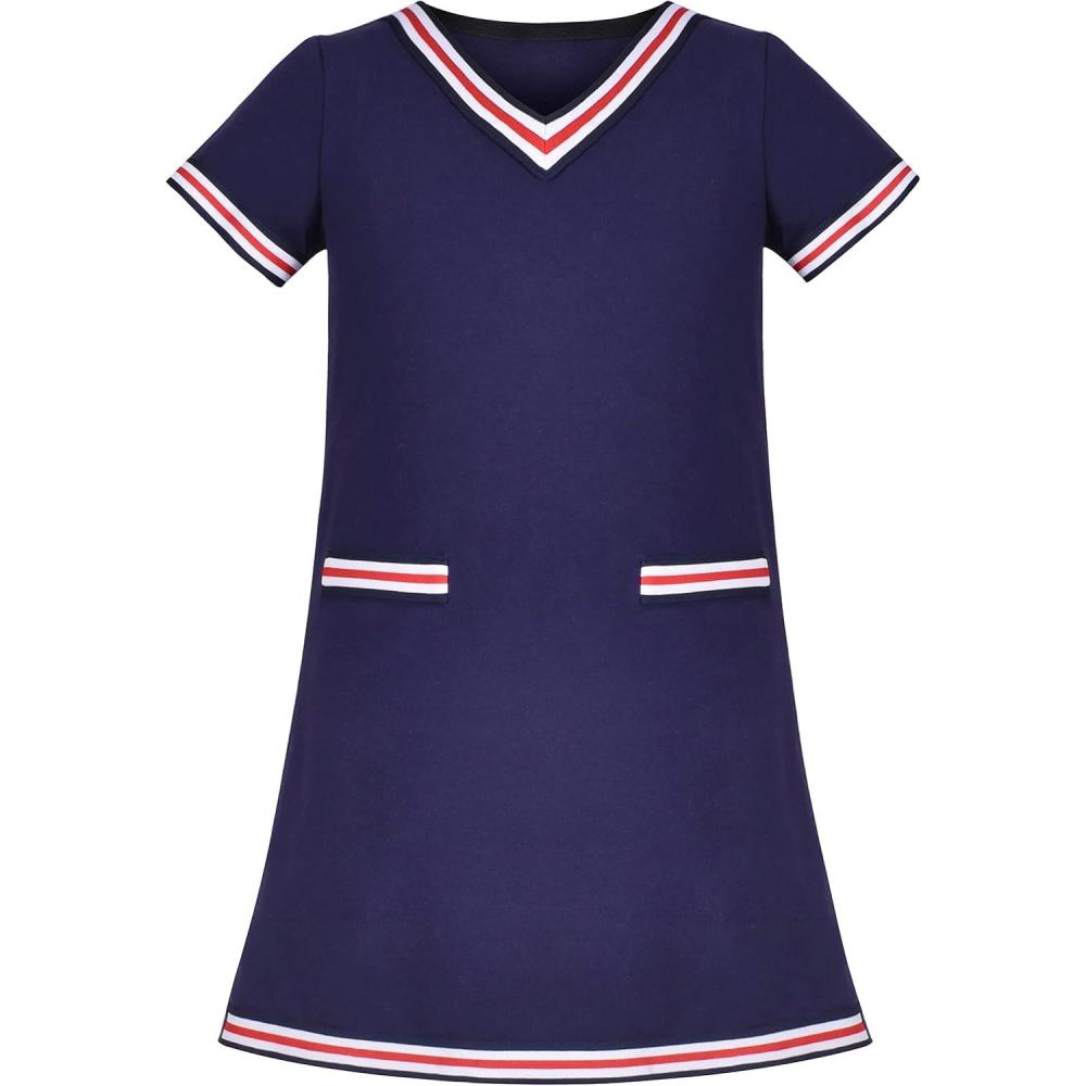 imageSunny Fashion Girls Dress Back School Navy Blue School Uniform Short Sleeve