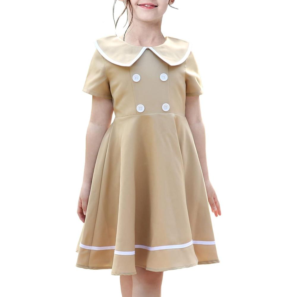 imageSunny Fashion Girls Dress Beige Short Sleeve Collar Button Front School UniformBeige