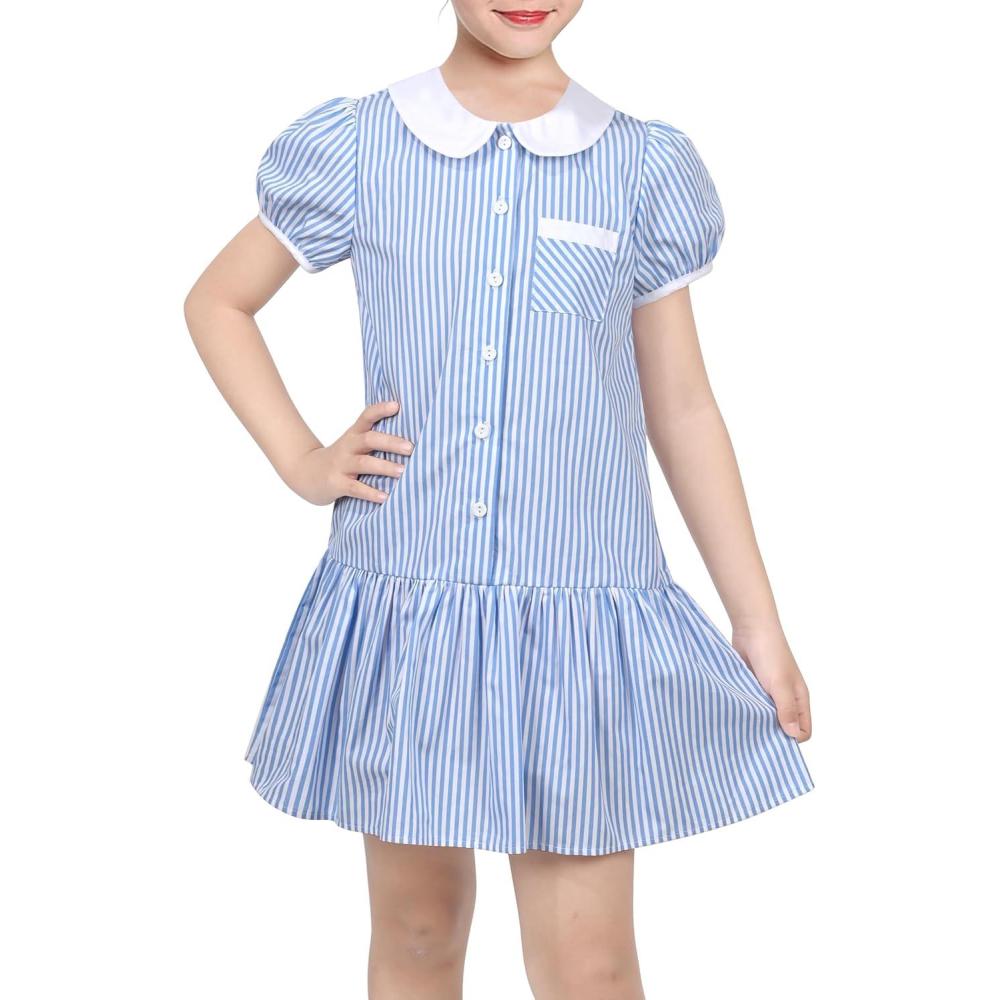 imageSunny Fashion Girls Dress Beige Short Sleeve Collar Button Front School UniformBlue Striped