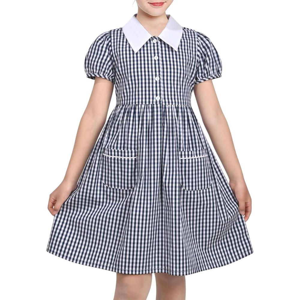 imageSunny Fashion Girls Dress Beige Short Sleeve Collar Button Front School UniformDark Blue
