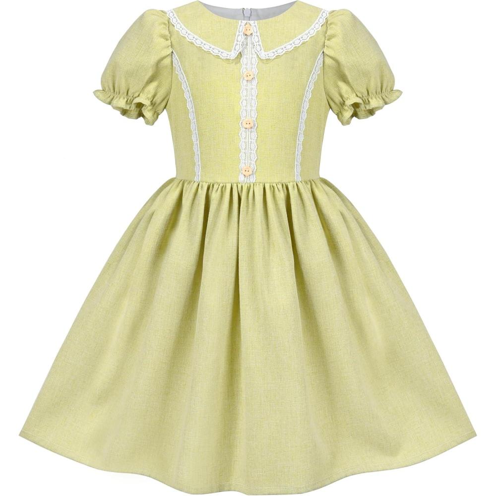 imageSunny Fashion Girls Dress Beige Short Sleeve Collar Button Front School UniformGreen