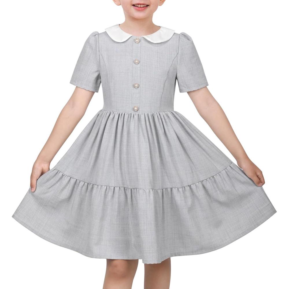 imageSunny Fashion Girls Dress Beige Short Sleeve Collar Button Front School UniformLight Gray