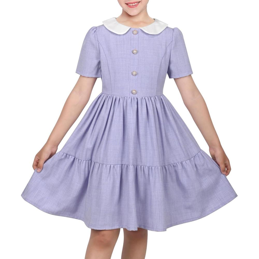 imageSunny Fashion Girls Dress Beige Short Sleeve Collar Button Front School UniformLight Purple