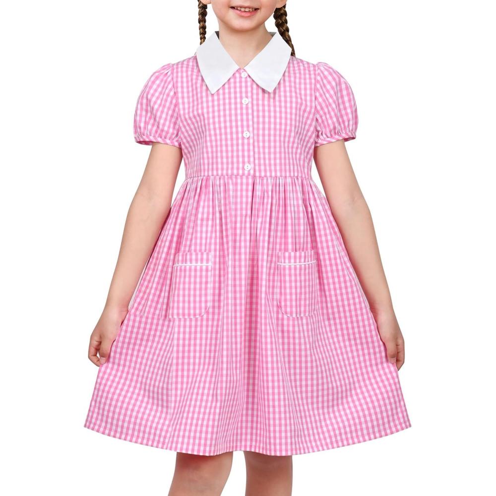 imageSunny Fashion Girls Dress Beige Short Sleeve Collar Button Front School UniformPink White