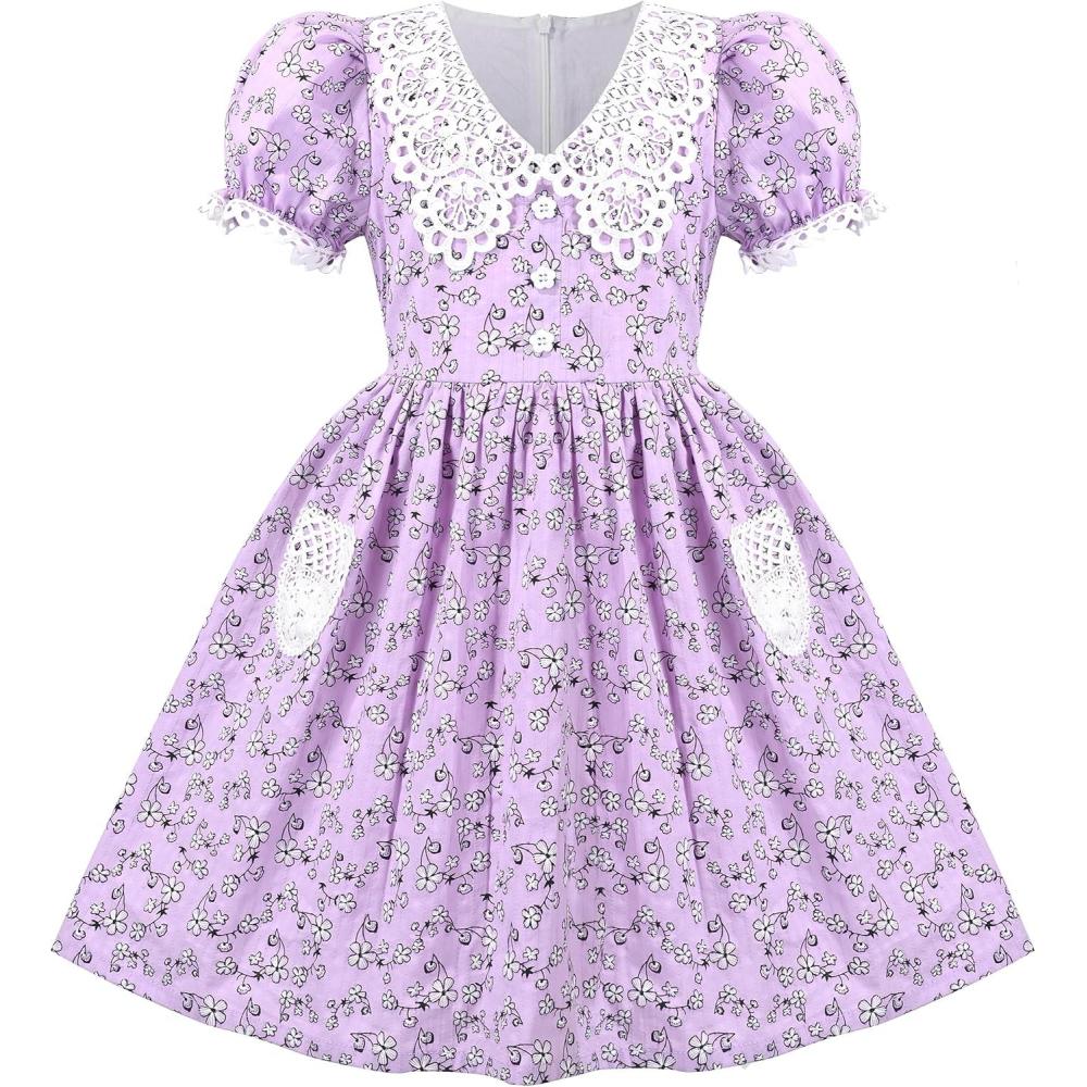 imageSunny Fashion Girls Dress Beige Short Sleeve Collar Button Front School UniformPurple