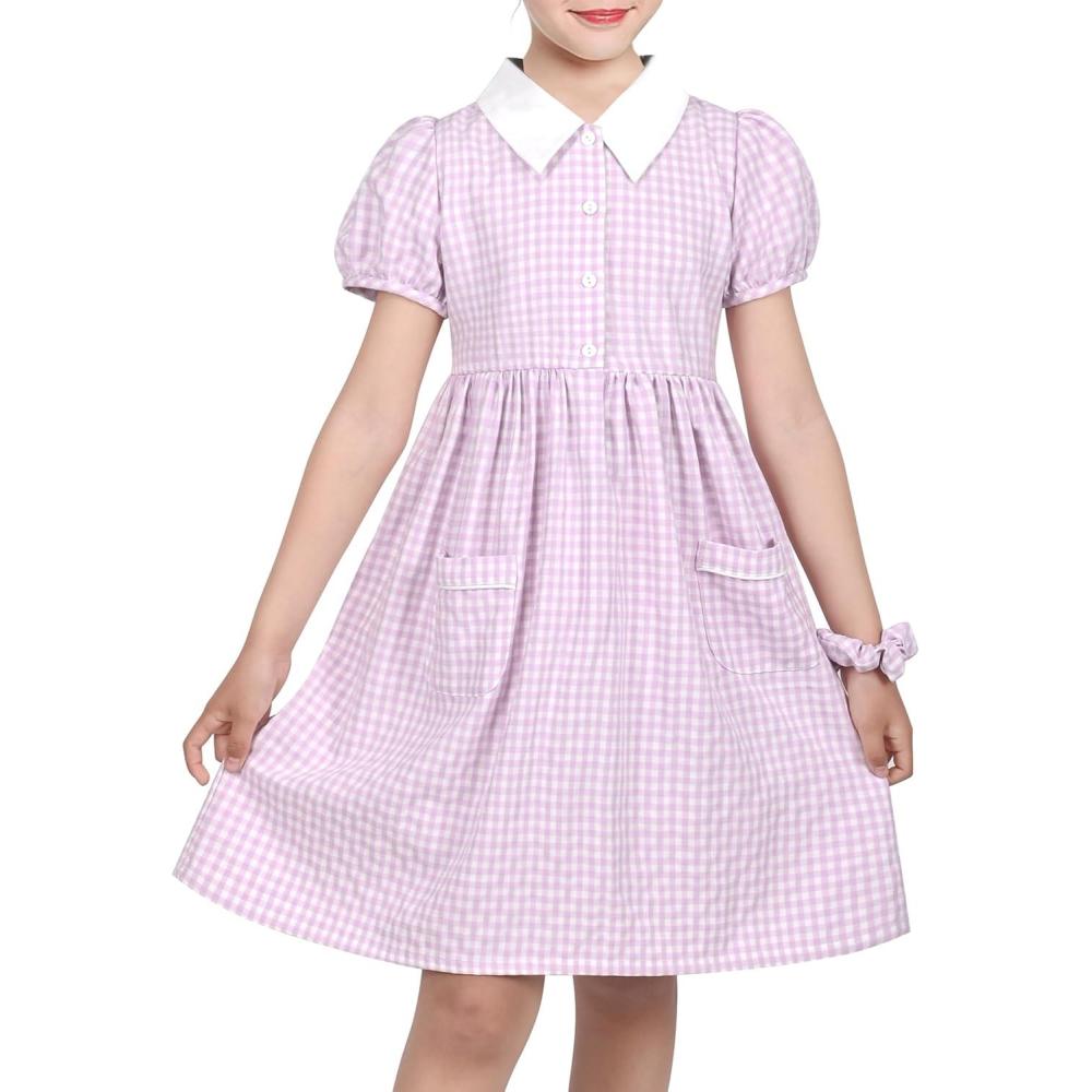 imageSunny Fashion Girls Dress Beige Short Sleeve Collar Button Front School UniformPurple Gingham
