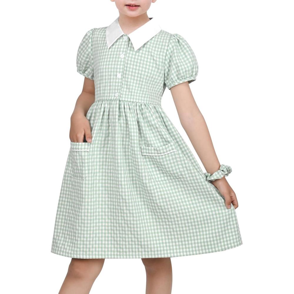 imageSunny Fashion Girls Dress Beige Short Sleeve Collar Button Front School UniformSage Gingham