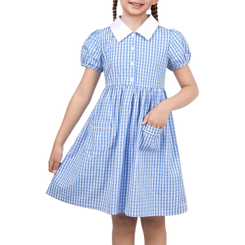 imageSunny Fashion Girls Dress Beige Short Sleeve Collar Button Front School UniformSky Blue Plaid