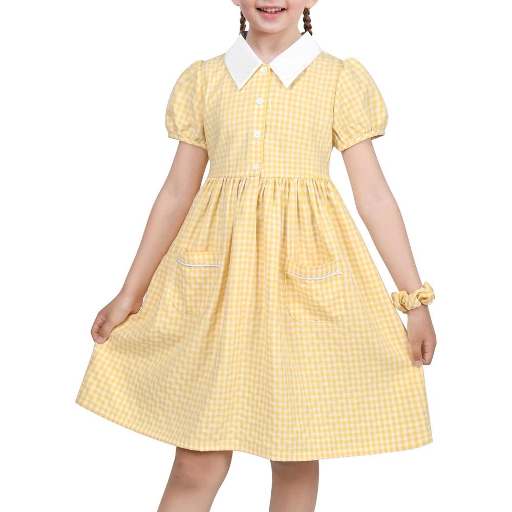 imageSunny Fashion Girls Dress Beige Short Sleeve Collar Button Front School UniformYellow Gingham