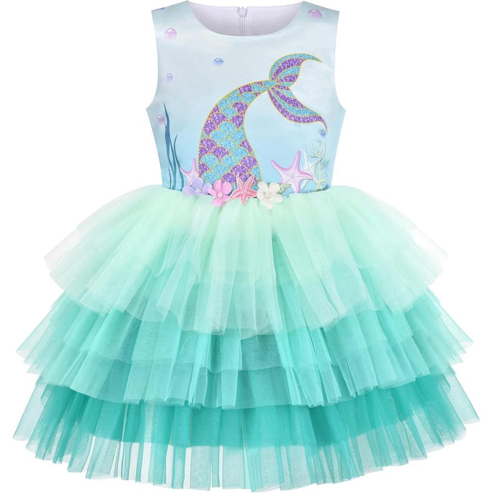 imageSunny Fashion Girls Dress Birthday Princess Ruffle Dress Cake Balloon PrintAqua Green