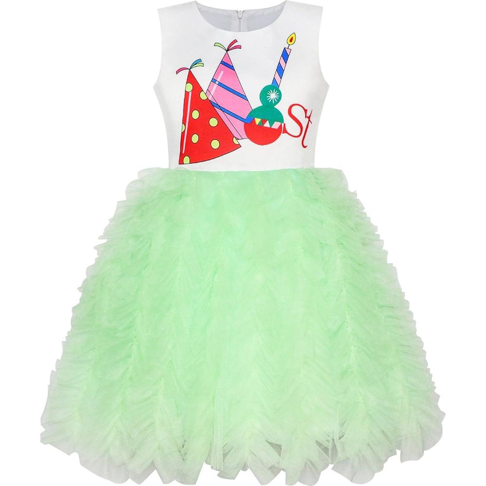 imageSunny Fashion Girls Dress Birthday Princess Ruffle Dress Cake Balloon PrintGreen