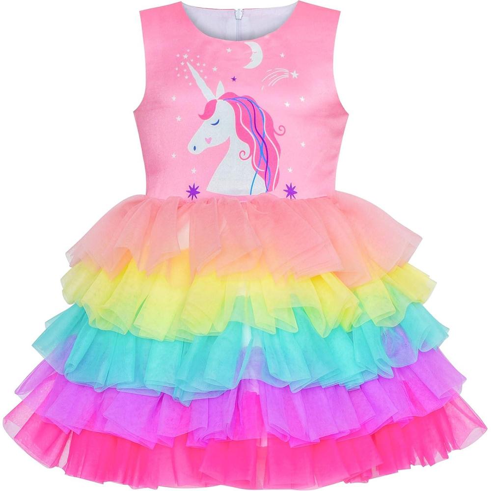 imageSunny Fashion Girls Dress Birthday Princess Ruffle Dress Cake Balloon PrintPink Rainbow