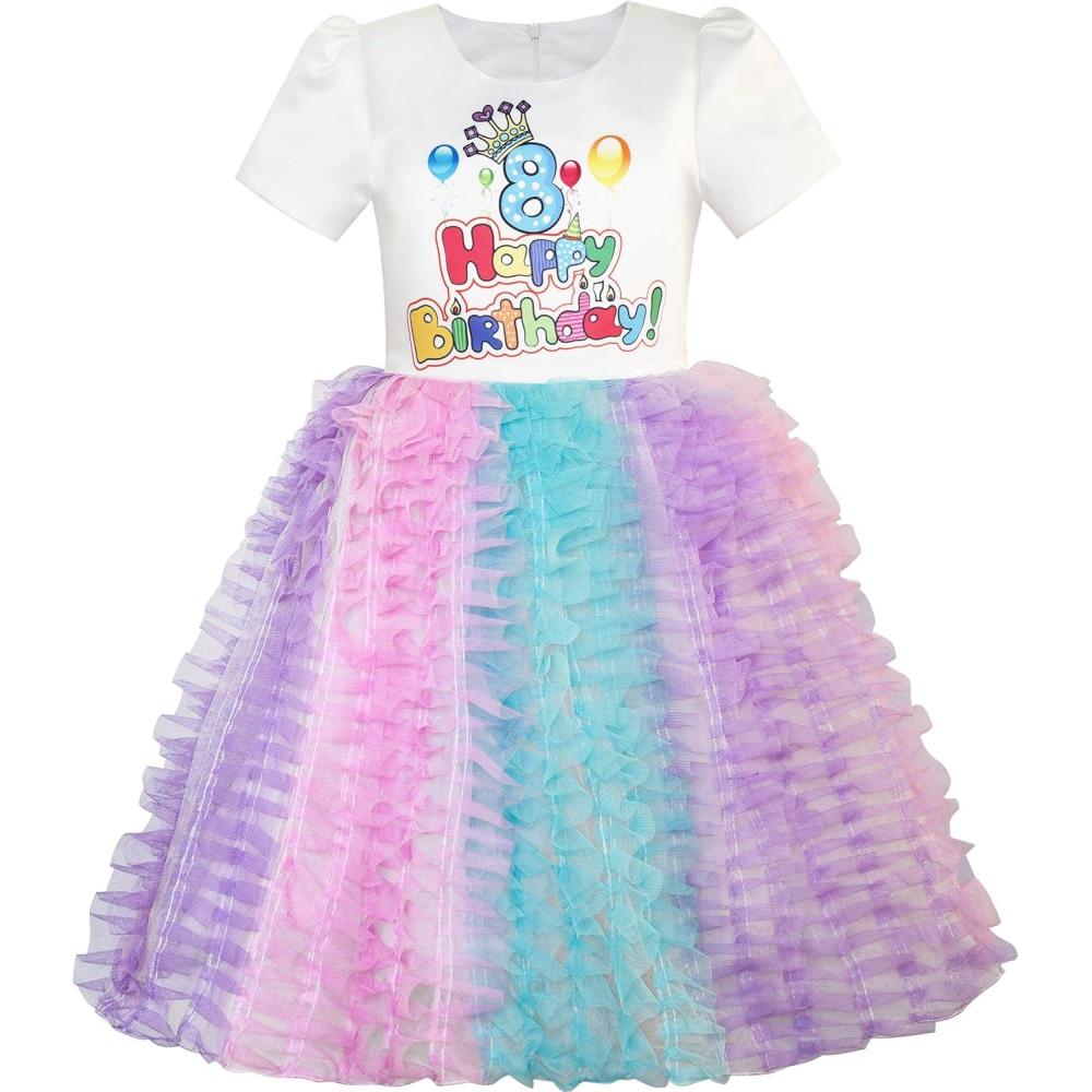 imageSunny Fashion Girls Dress Birthday Princess Ruffle Dress Cake Balloon PrintPurple