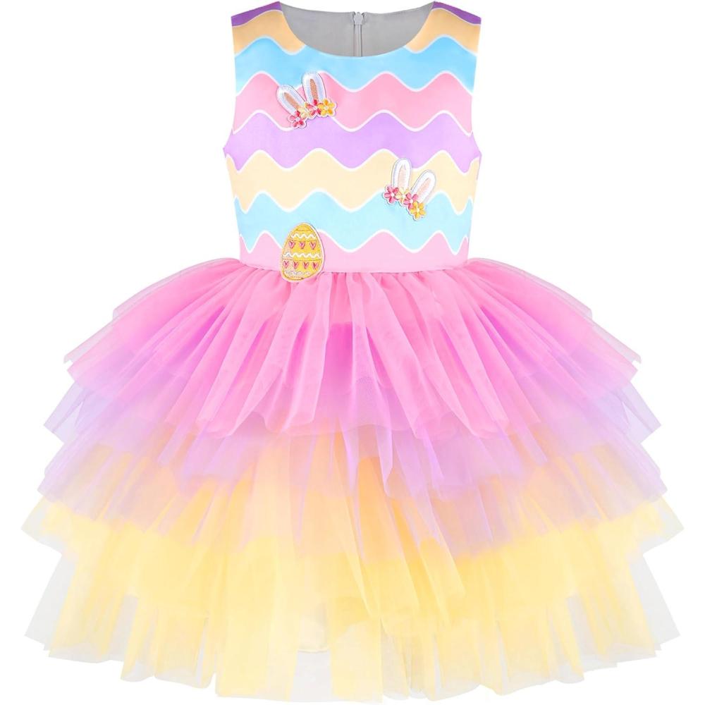 imageSunny Fashion Girls Dress Birthday Princess Ruffle Dress Cake Balloon PrintRainbow Bunny