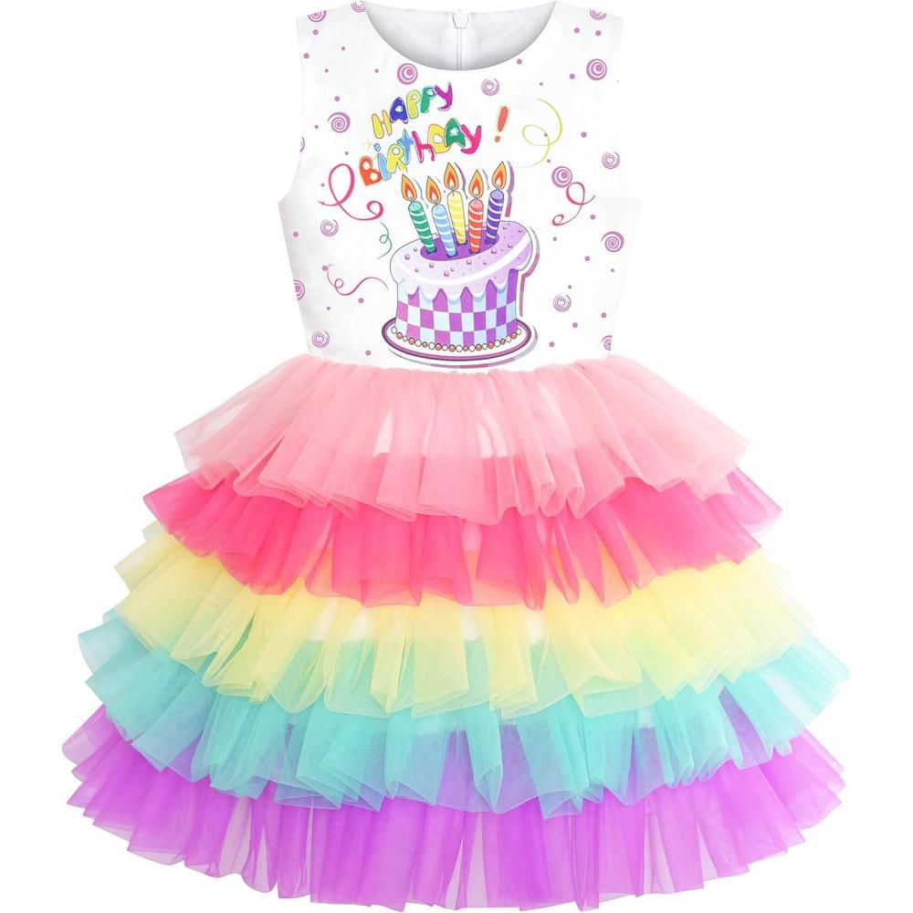 imageSunny Fashion Girls Dress Birthday Princess Ruffle Dress Cake Balloon PrintRainbow Color