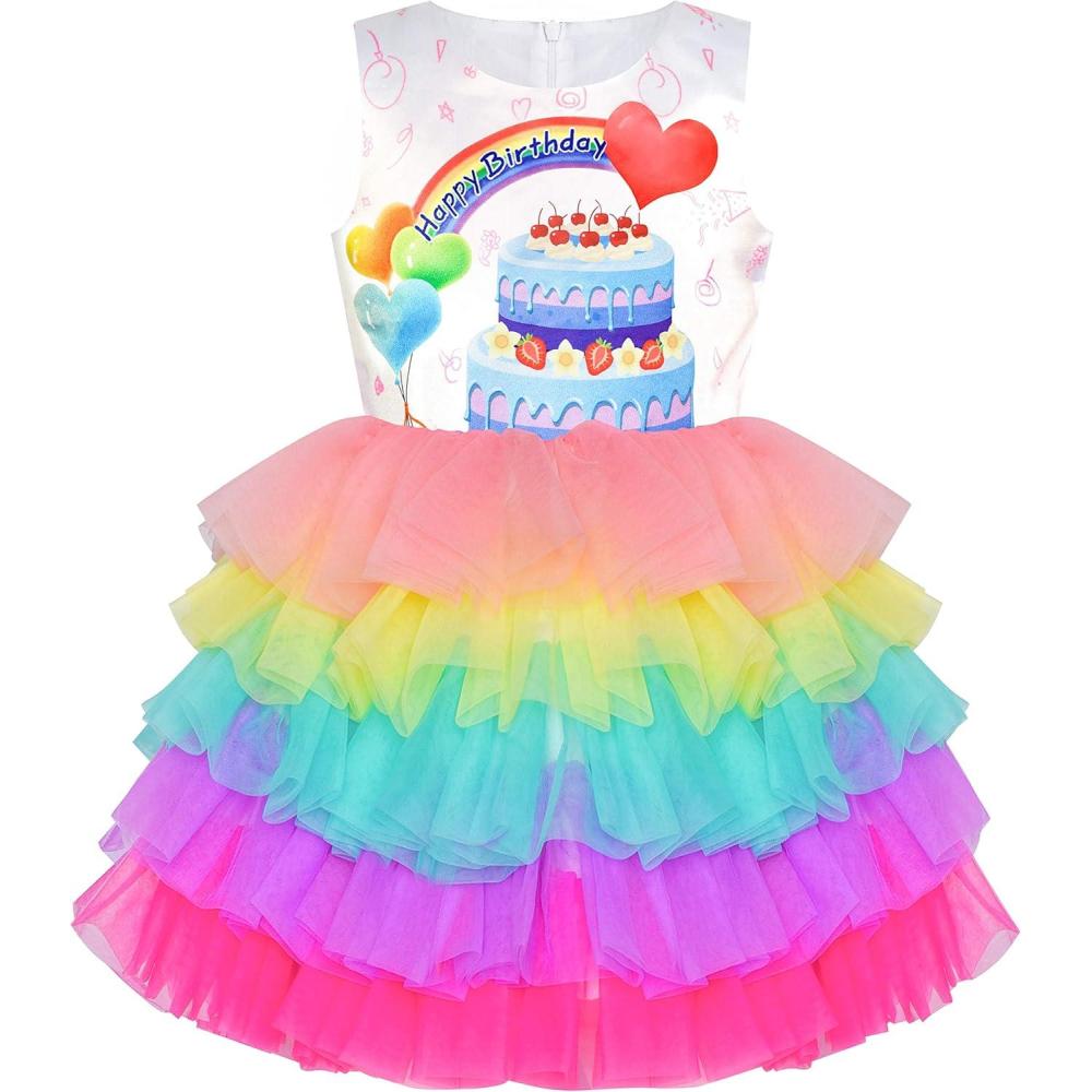 imageSunny Fashion Girls Dress Birthday Princess Ruffle Dress Cake Balloon PrintRainbow Heart