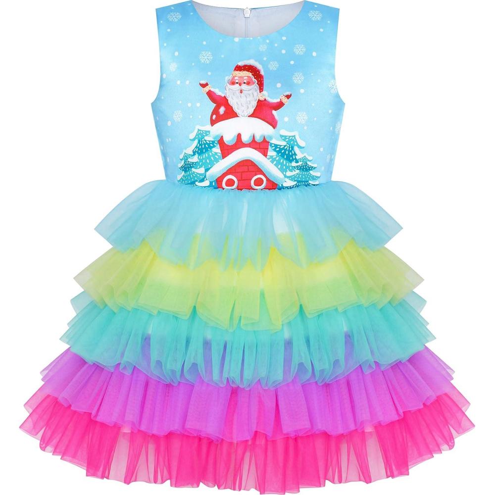 imageSunny Fashion Girls Dress Birthday Princess Ruffle Dress Cake Balloon PrintRainbow Santa