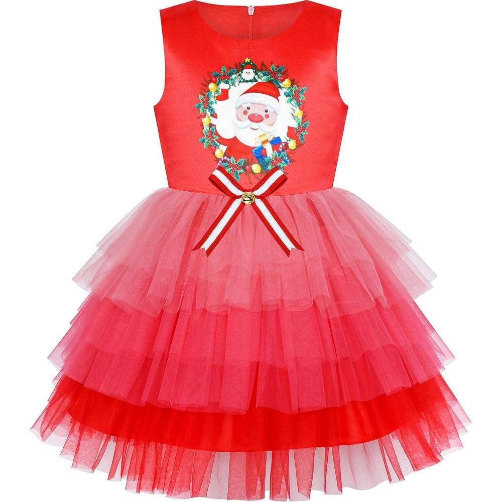 imageSunny Fashion Girls Dress Birthday Princess Ruffle Dress Cake Balloon PrintRed Santa