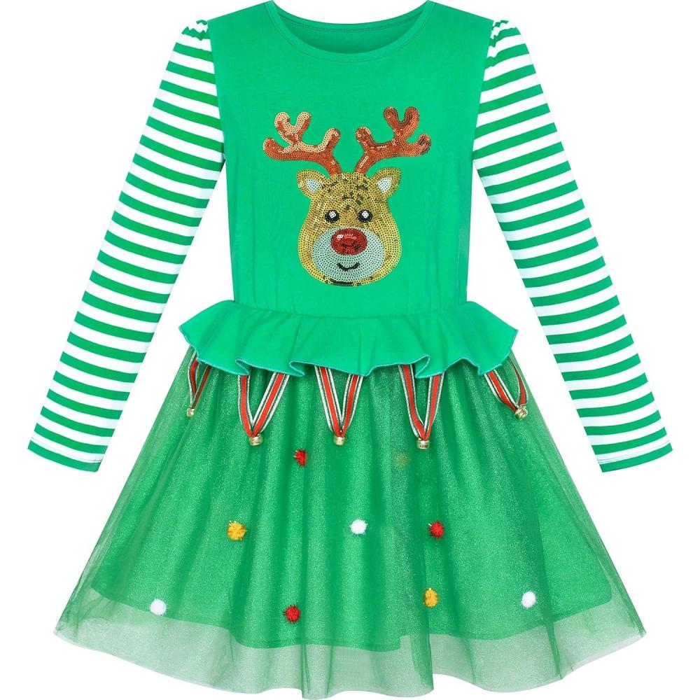 imageSunny Fashion Girls Dress Christmas Santa Hat Long Sleeve Party Dress Size 612Green Reindeer
