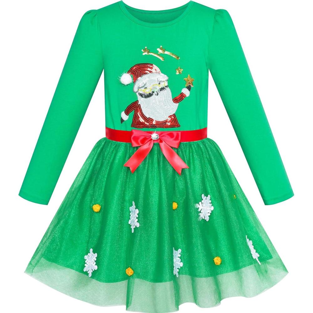imageSunny Fashion Girls Dress Christmas Santa Hat Long Sleeve Party Dress Size 612Green Santa