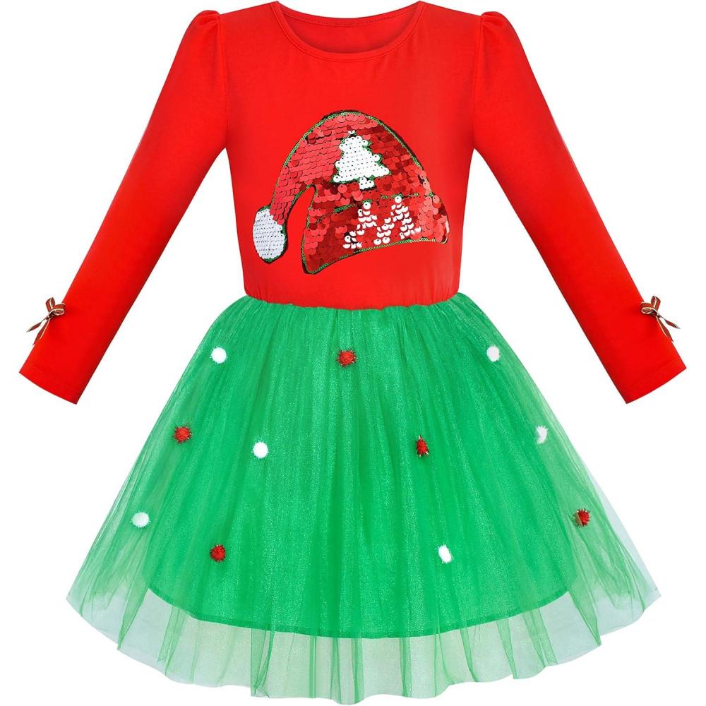 imageSunny Fashion Girls Dress Christmas Santa Hat Long Sleeve Party Dress Size 612Red