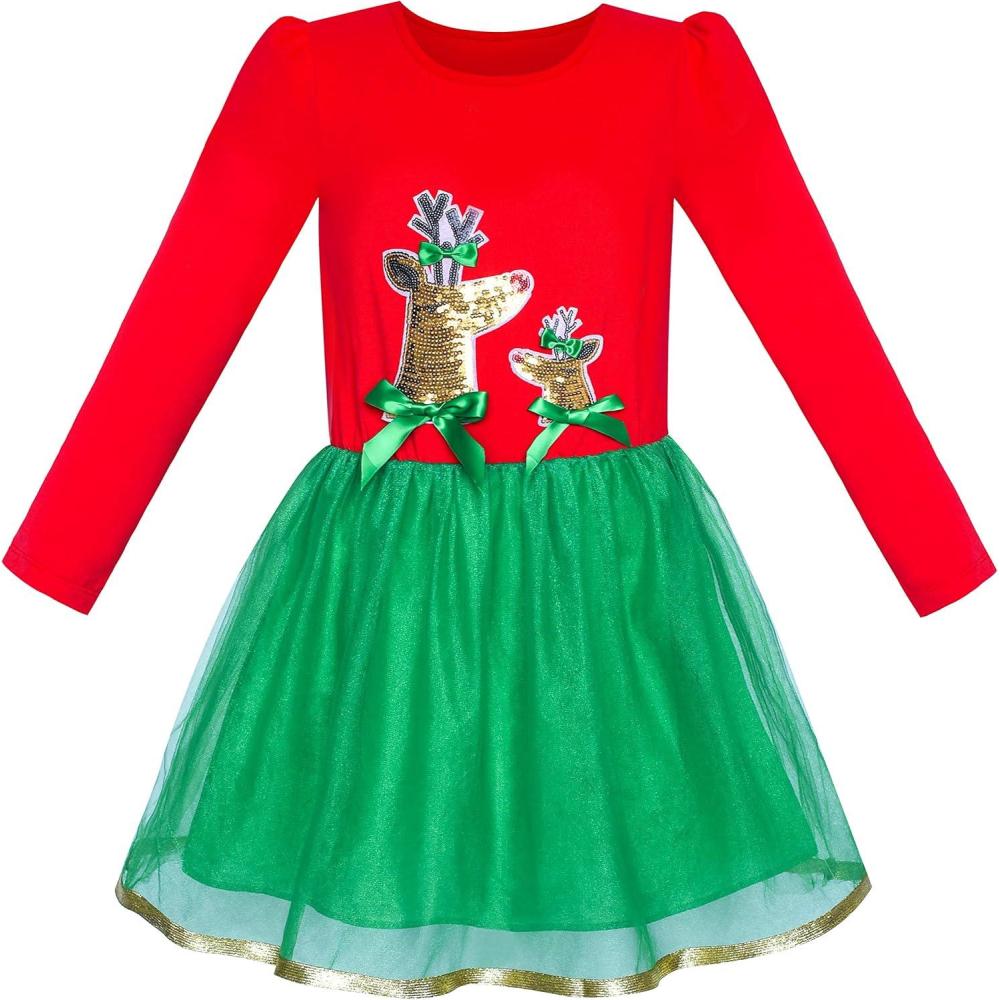 imageSunny Fashion Girls Dress Christmas Santa Hat Long Sleeve Party Dress Size 612Red Green Reindeer