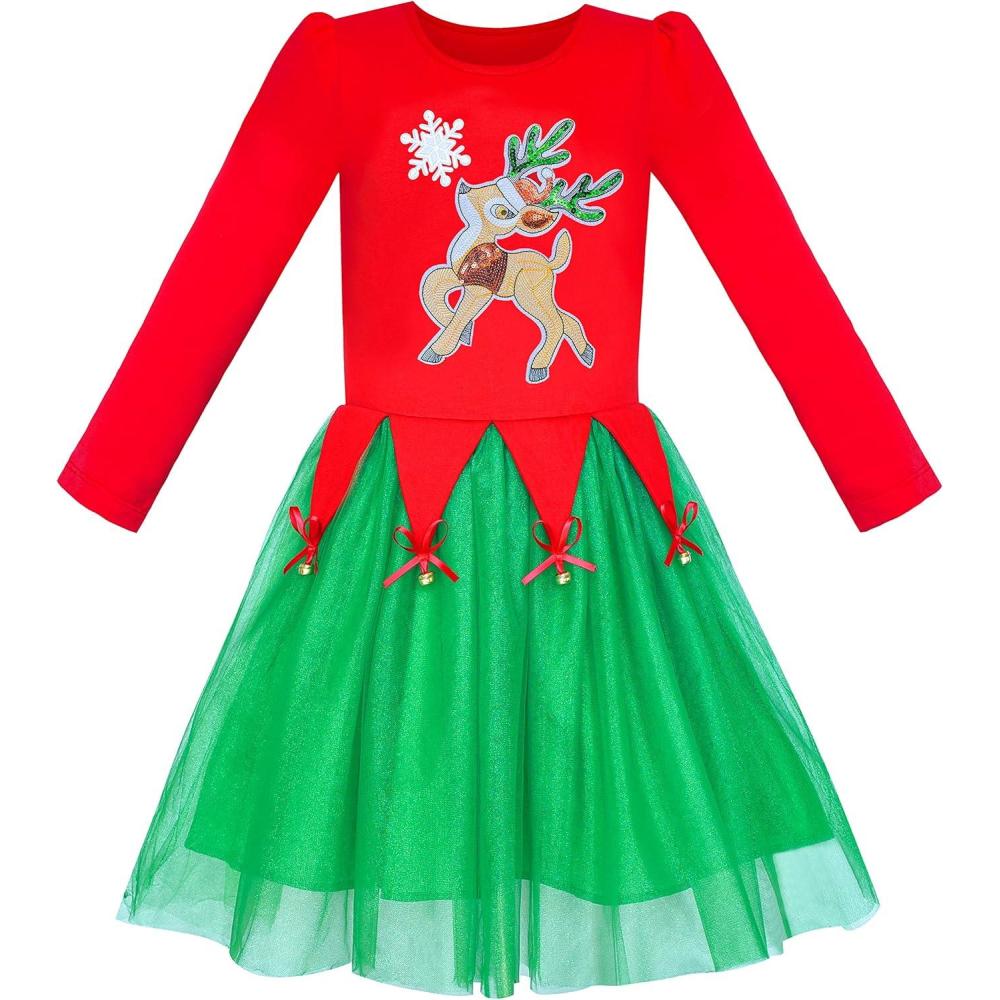 imageSunny Fashion Girls Dress Christmas Santa Hat Long Sleeve Party Dress Size 612Red Green Reindeer Star