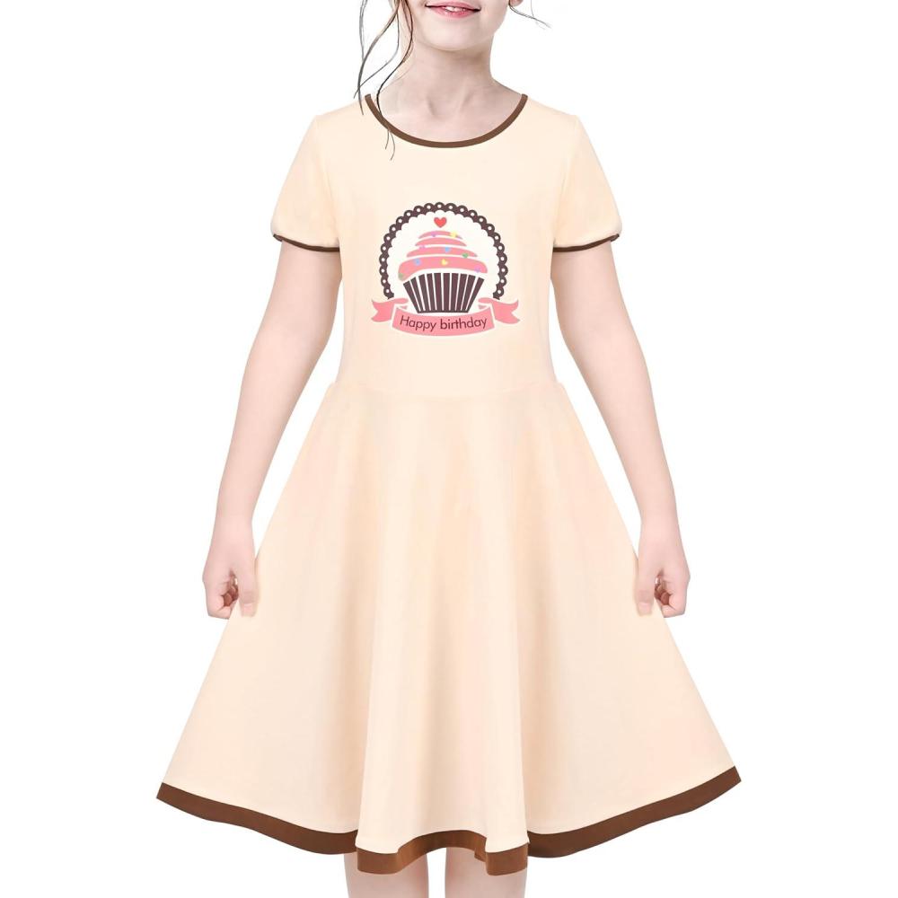 imageSunny Fashion Girls Dress Colorful Striped Knitted Cotton Stretch SchoolBeige Cup Cake